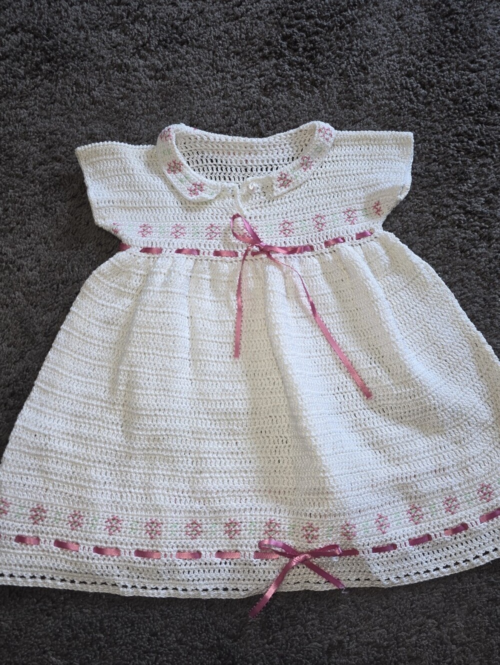 Classic Pearl White Crochet Baby Dress with Pink Ribbon